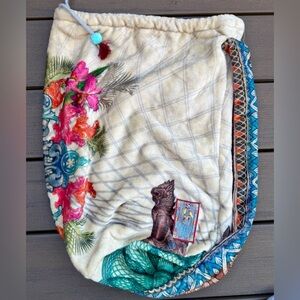 Johnny Was Boho Embroidered Drawstring Bag Plush Travel Pouch with Global